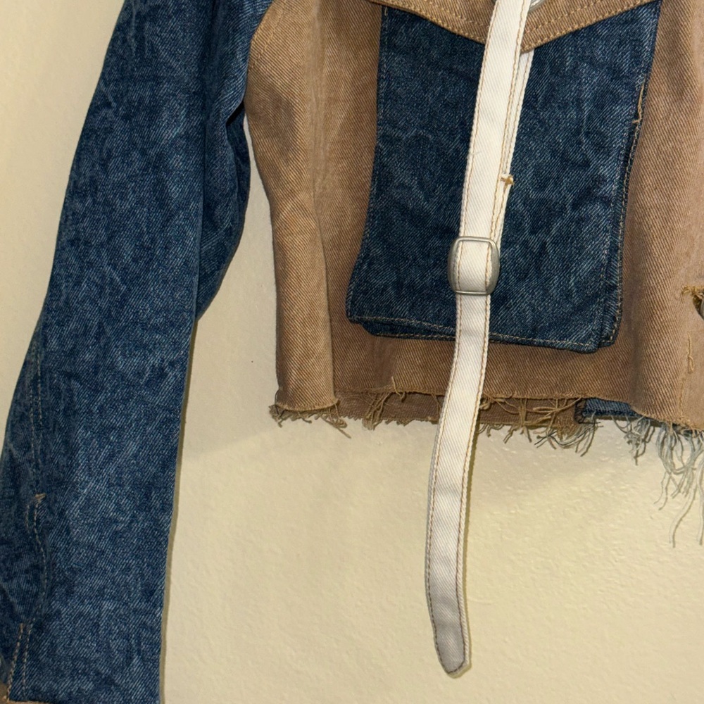 Thrill Jeans Cropped Patchwork Denim Jacket Color Block Strap Pocket Y2K Size L - Picture 4 of 8